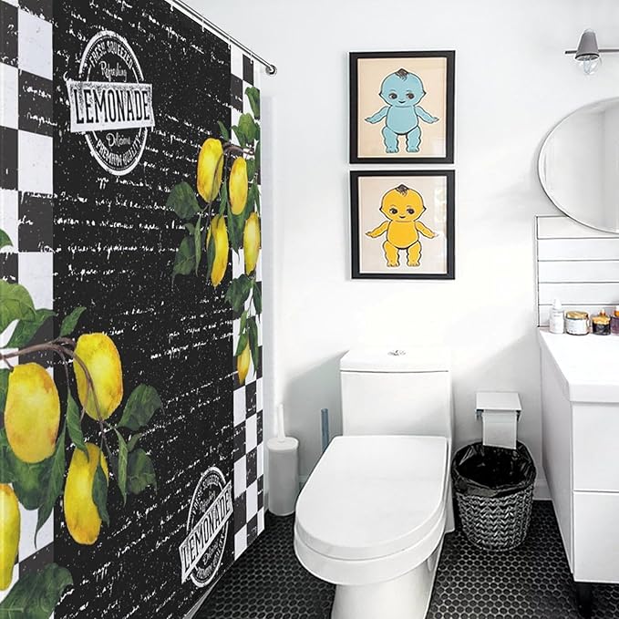 Vintage Lemon Checked Shower Curtains, Black and White Grid Summer Tropical Lemon Waterproof Shower Curtains for Bathroom Decor 12 Pack Hooks 66x72in（168x183cm）