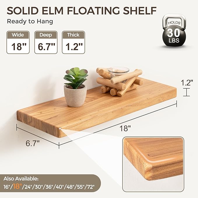 Fun Memories 18 Inch Floating Shelves for Wall, Solid Elm Wood Wall Shelf for Home Decor, Rustic Wooden Bathroom Shelves Set of 2, Heavy-Duty Hardwood Floating Shelf for Bedroom, Kitchen, Living Room