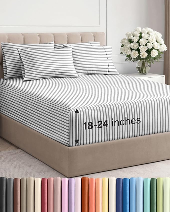 Extra Deep Full Sheet Set - 6 Piece Breathable and Cooling Sheets - Hotel Luxury Bedding for Women, Men, Kids & Teens - Easy & Secure Fit - Soft and Wrinkle Free - Extra Deep Pockets - Grey Stripes