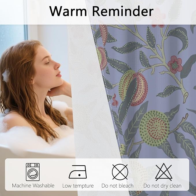 No Hook Shower Curtain with Snap in Fabric Liner - Vintage Botanical Fruit Floral Print, Waterproof Shower Curtains and Liner Set for Bathroom, 71″W × 74″H