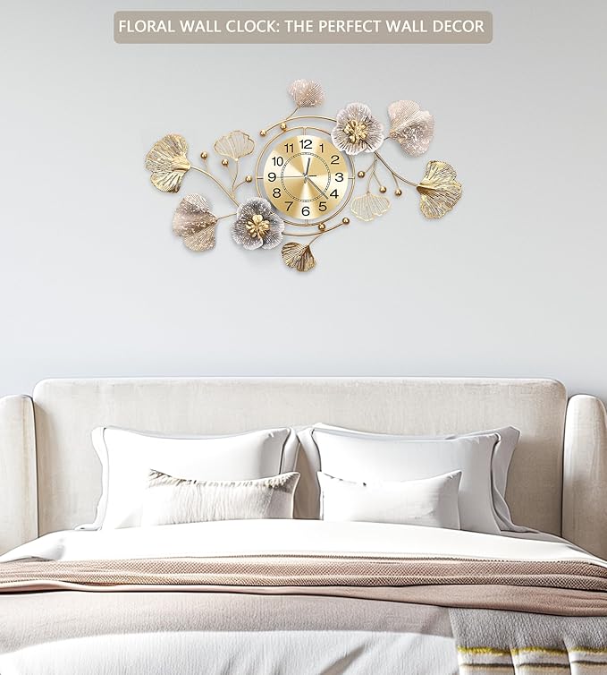 Clocks for Living Room, Large Wall Clock, Silent Wall Clock, Retro Metal Ginkgo Leaf Design, for Bedroom Kitchen Decorative Wall Clocks（47''x23'' ）