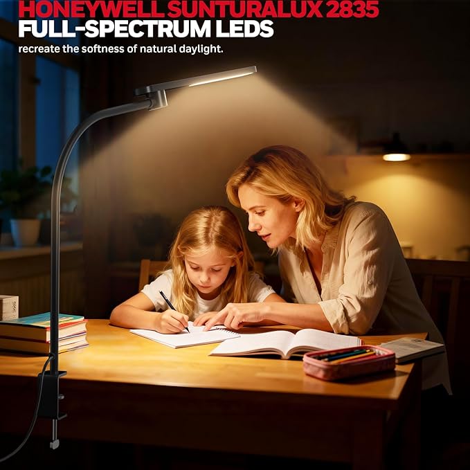 Honeywell HJ2 Gooseneck LED Desk Lamp with Clamp,3-Color Stepless Dimming.Flexible Metal Lamp Arm,CRI ≥ 97.Adjustable Small Desk Lamp for Home Office,Studying, Reading, Artists & Crafters (Black)