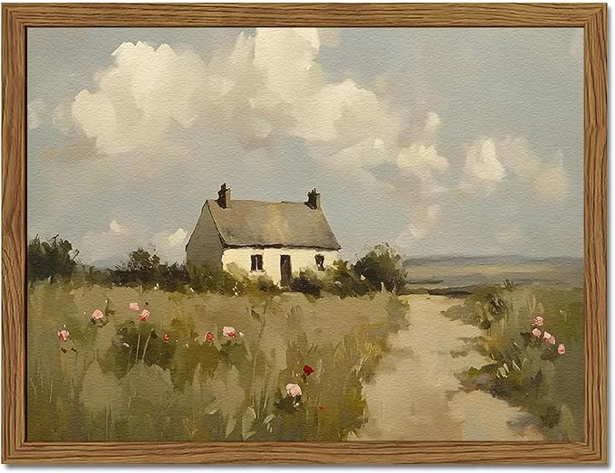 Vintage Farmhouse Wall Art, Country Cottage Wall Decor Paintings, Framed 3D Textured Hand Drawn Sandstone Natural Countryside Landscape Artwork for Bedroom Living Room 12x16 inch Wood Frame