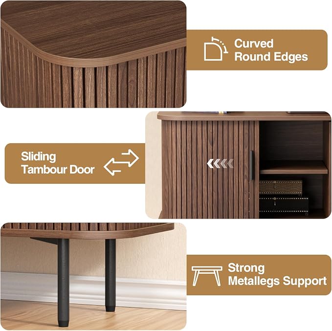 55''W Storage Cabinet, Fluted Sideboard Buffet Cabinet with Storage, Console Table Credenza with Tambour Slatted Sliding Doors and Shelves, Modern TV Stand for Living Room, Kitchen, Entryway, Walnut