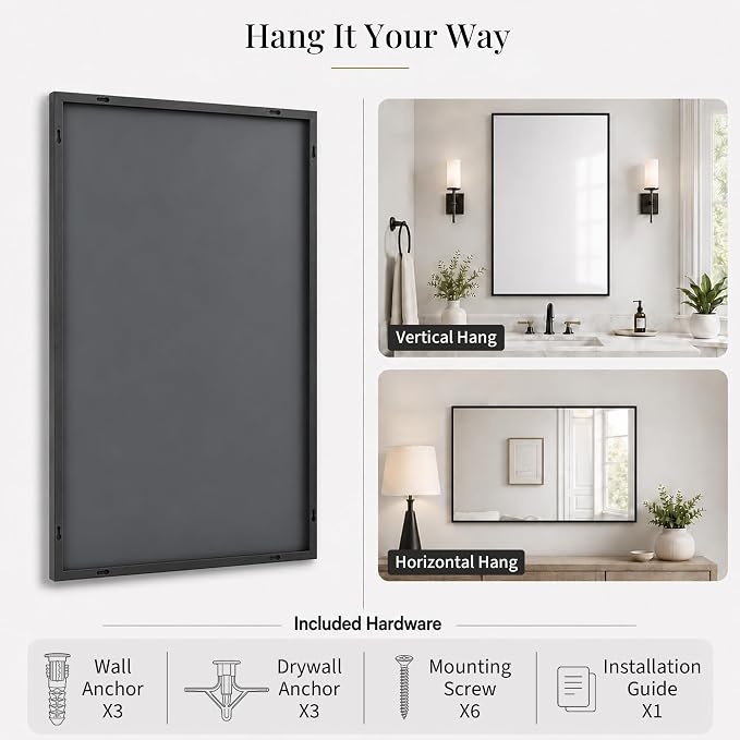 24"x36" Black Bathroom Mirror for Wall, Shatterproof Tempered Glass, Rectangle Thin Metal Frame, Ultra-Flush Wall-Mounted, H/V Mount