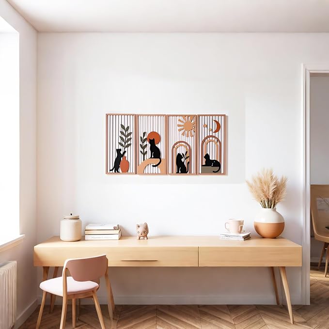 SHENGTIAN 4 Piece Unique Wall Art Set, Aesthetic Cat Art - Geometric Boho Wood Art, Black/Funny Cat Prints, Mid Century Modern Style, for Farmhouse/Office/Bedroom/Living Room, Narrow Vertical Design