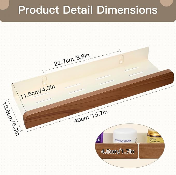 Single White Aluminum & Walnut Bathroom Wall Shelf, 15.75” Long Floating Shelf with 5.31” Deep Storage, Modern Wall Mounted Shelf for Vanity, Sink, Kitchen or Living Room