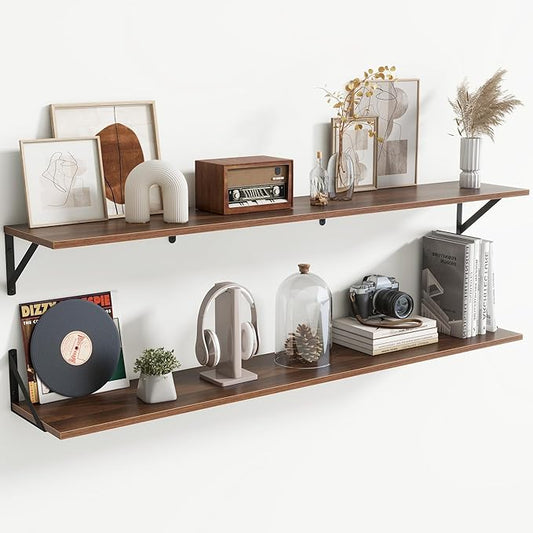 55" Long Wall Mounted Floating Shelves,8 inch Deep Floating Shelf with Metal Brackets Set of 2,Easy-to-Install Wall Decor Storage Ledges for Living Room,Bathroom,Bedroom,Kitchen,Office,Walnut