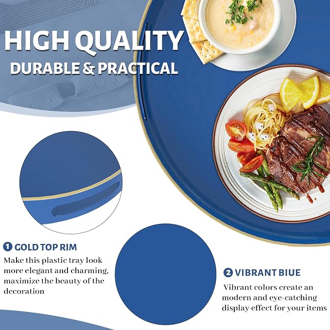 MAONAME 13" Blue Round Tray, Navy Serving Tray with Handles, Modern Decorative Trays for Coffee Table, Plastic Trays for Ottoman, Bathroom, Decor