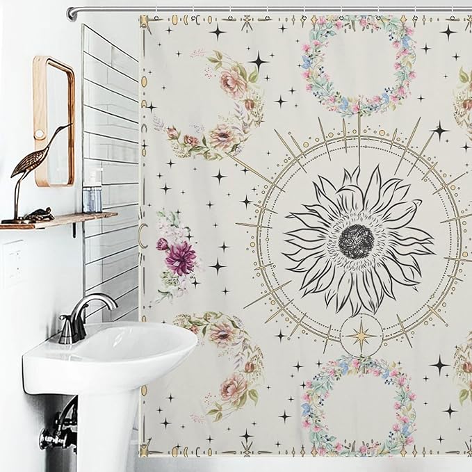 Moon Phase Flowers Shower Curtain Celestial Wildflower Plant Floral Boho Stars Vintage Flowers Art Waterproof Shower Curtains for Bathroom Decor 12 Pack Hooks 72x72in (183x183cm)