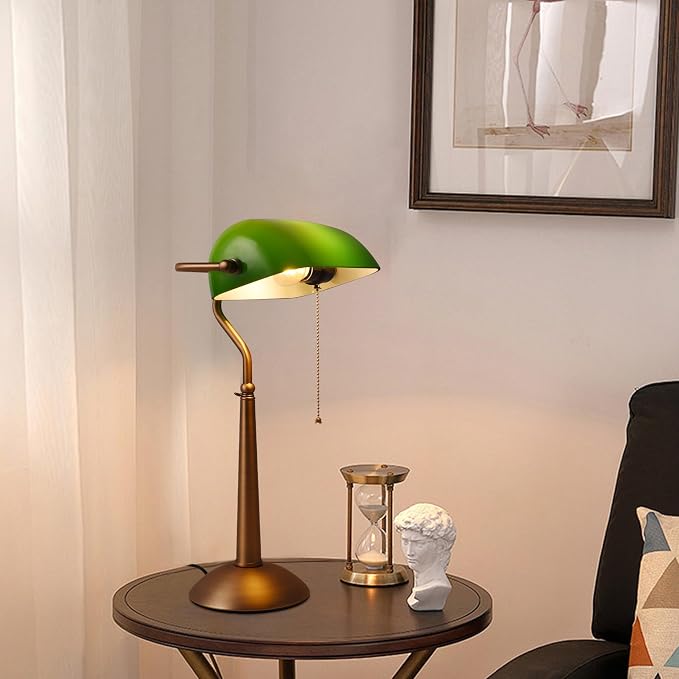 COSYLUX Tall Bankers Lamp, Vintage Sleek Green Glass Table Lamp with Pull Switch, Antique Bronze Metal Bankers Desk Lamp for Office, Study Room, End Table, Bedside (Green)