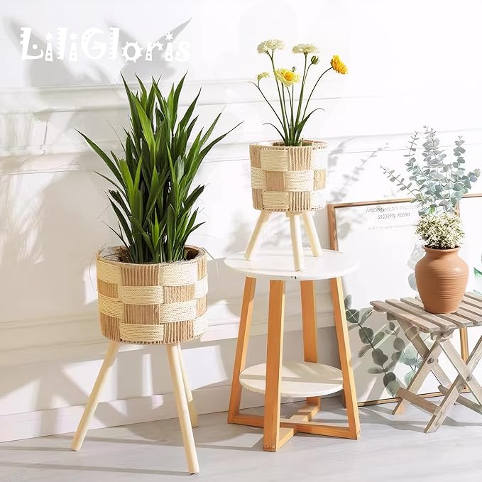 Boho Rattan Plant Stand Set of 2 – Handwoven Wicker Mid-Century Modern Floor Planter Stand for Indoor Plants, Large Farmhouse Decor, Sturdy Wood & Rope Design, Housewarming Gift