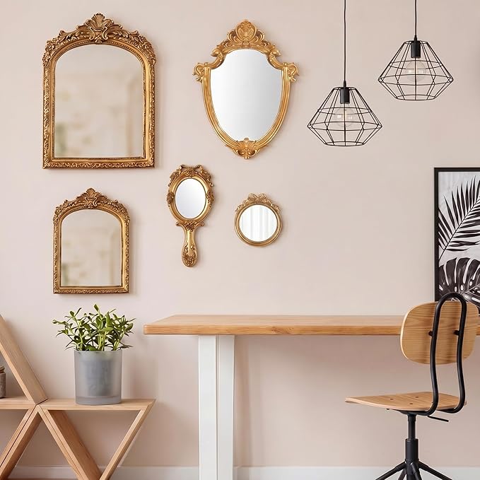 5 Pcs Vintage Gold Mirror Luxury Set Small Gold Mirrors Gallery Wall Mirror Hanging Antique Art Decor for Wall Living Room Entryway Assorted Sizes (13in/8in/7in/4in,Classic Style)