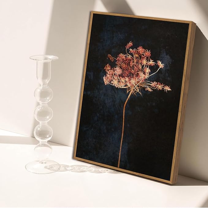 WALLZK Vintage Framed Wall Art Moody Botanical Wall Decor Dark Dried Flower Minimalist Canvas Prints Pictures Rustic Retro Artwork for Walls Living Room Bedroom Bathroom 8"x10"