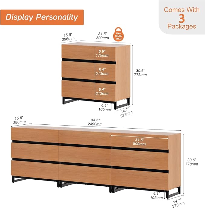 WAMPAT Dresser for Bedroom, Closet Organizers and Storage with 9 Drawers, Chest of Drawers with Metal Base, Wooden Modern Dresser for Living Room, Bedroom, Entryway, Mocha