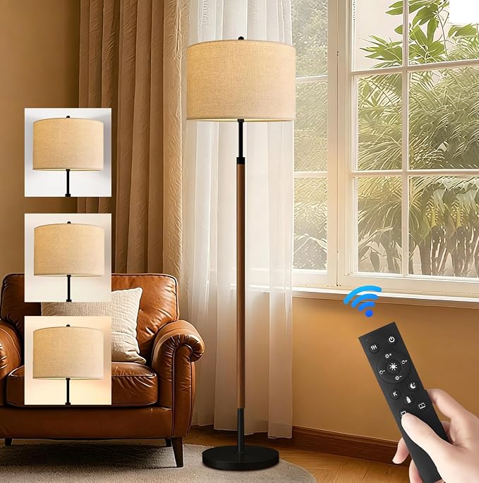 ILLMTW Wood Floor Lamp for Living Room,Bedroom,Vintage Mid Century Modern Standing Lamp with Remote Dimmable,Boho Black Tall Lamp Fabric Lamp Shade Floor Lights Bohemian Tiffany Style
