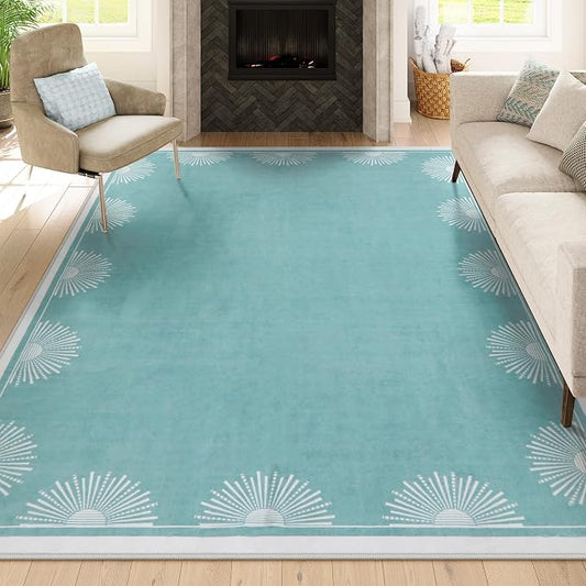 Hedlive Modern Bedroom Rug 8x10 Under Bed, Low Pile Washable Rugs for Living Room,Soft Sun Printed Large Rug,Aqua Dining Room Rugs for Under Table Classroom Dorm(8x10ft, Baby Blue)