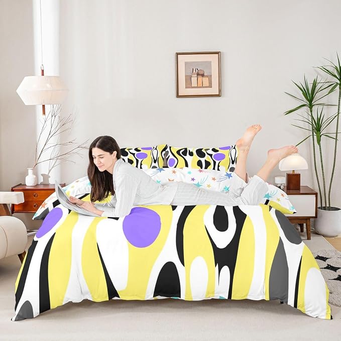 Erosebridal Organic Abstract Duvet Cover Set Modern Contemporary Full Size Bedding Sets for Tween Boys Girls Boho Mid Century Wavy Lines Comforter Cover Retro Geometric Bed Set,Yellow Purple