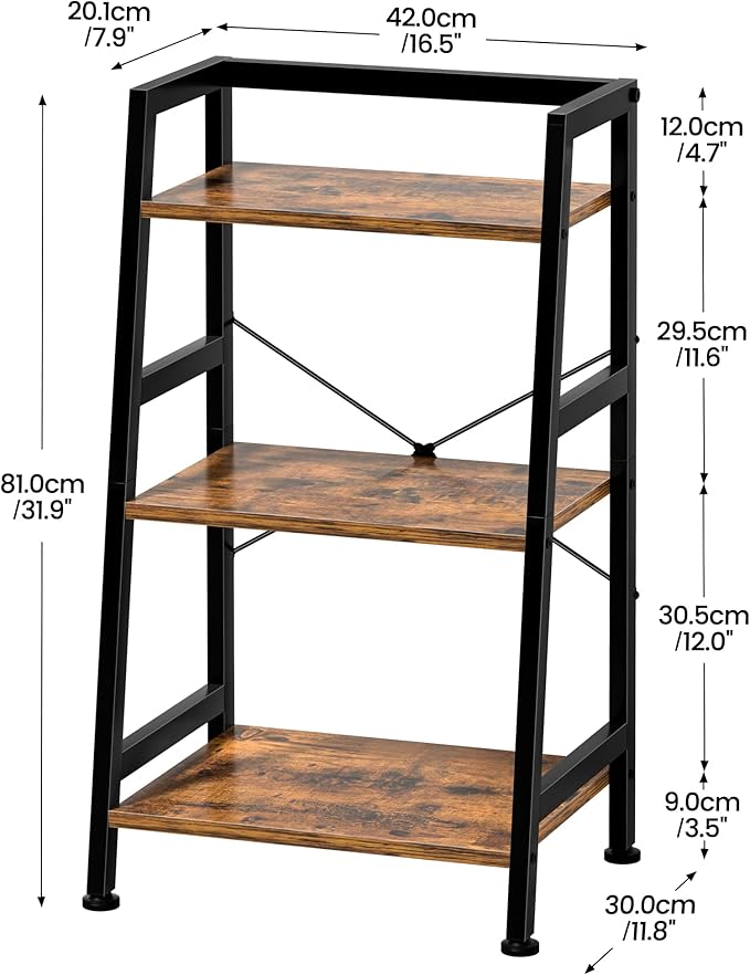 3-Tier Bookshelf, Ladder Shelf, Industrial Bookcase with Steel Frame, Metal Small Bookcase, stand up shelves for Living Room, Home Office, Kitchen, Bedroom, Industrial Style（Rustic Brown & Black）
