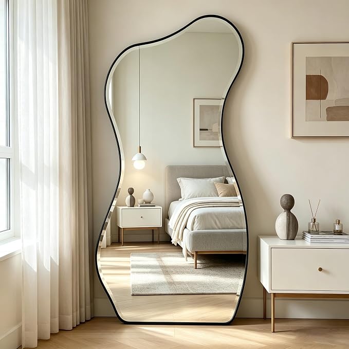 POZINO Large Irregular Beveled Mirror, 63"x32" Asymmetrical Wall Mirror with Metal Frame, Full Length Organic Floor Mirrors for Entryway Living Room Cloakroom Hallway, Leaning/Wall-Mount