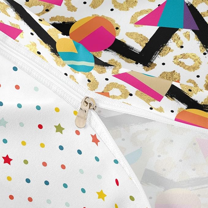 Retro 80s 90s Bedding Set Twin,Abstract Geometric Duvet Cover Urban Modern Circles And Triangle Comforter Cover Colorful Pop Art Inspired Pattern Quilt Cover Mens Hipster Hip-Hop Room Decor