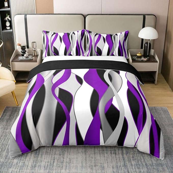Erosebridal Purple Modern Abstract 100% Cotton Duvet Cover King Geometric Waves Striped Bedding Set for Kids Teens Adults Wave Lines Art Comforter Cover Minimalist Artistic Bed Set 3 Pcs