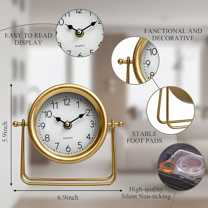 Small Gold Desk and Shelf Clock, 6.9*5.9 Inch Retro Elegant Tabletop Clock with Glass Cover, Silent Non-Ticking Battery Operated Decorative Clock for Living Room, Office, Bedroom, Gift Idea