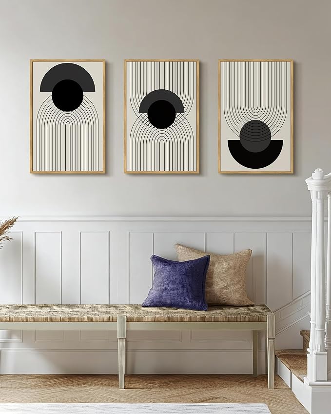 Drsoum Black Boho Wall Art Framed Modern Decor Bohemian Wall Decor Abstract Geometry Lines Prints Ready to Hang 16x24in Natural Framed