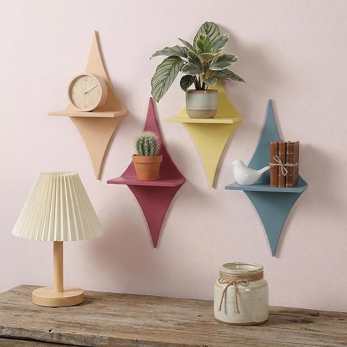4 PCS Floating Wood Shelves Star Shaped, 13.8 X 5.9 Inch Mid Century Wall Decor Retro Small Wall Shelves Hanging Storage Sign Decoration for Bedroom, Living Room, Bathroom, Office Decor