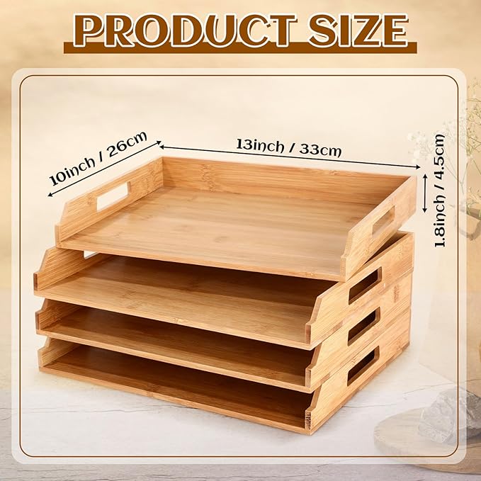 AceOrbit 4 Pcs Stackable Paper Tray Bamboo Wood Desk Organizer Letter Tray 4 Tier Wooden File Organizer Desk Shelf for Documents, Letter Sorter, Envelopes and Magazine Holder
