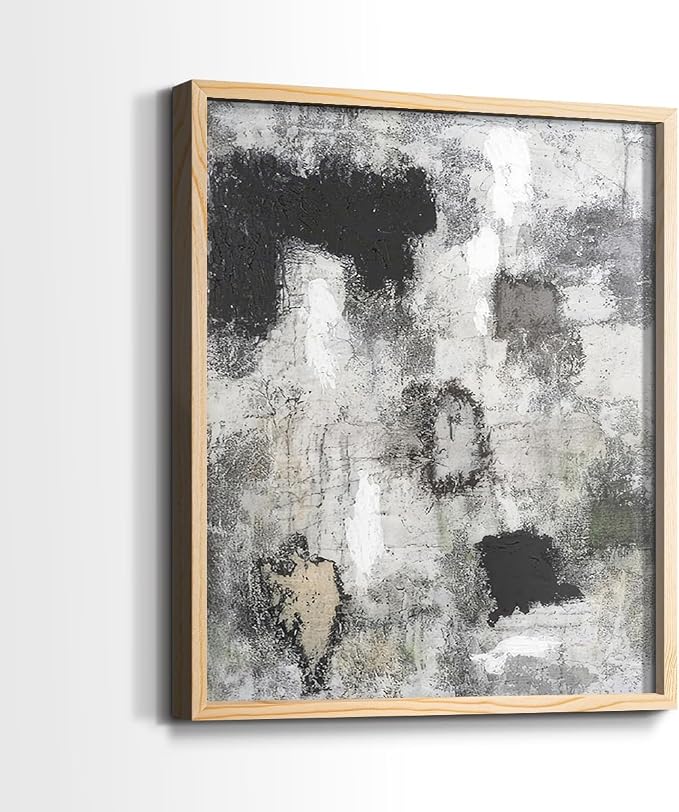 Renditions Gallery Set of 2 Peel & Stick Framed Prints, Abstract Wall Art, Hand Painted Black and White Pattern Wall Decor, Re-Stickable - Ready to Hang - 16"x20" - NATURAL WOOD Frame LT588