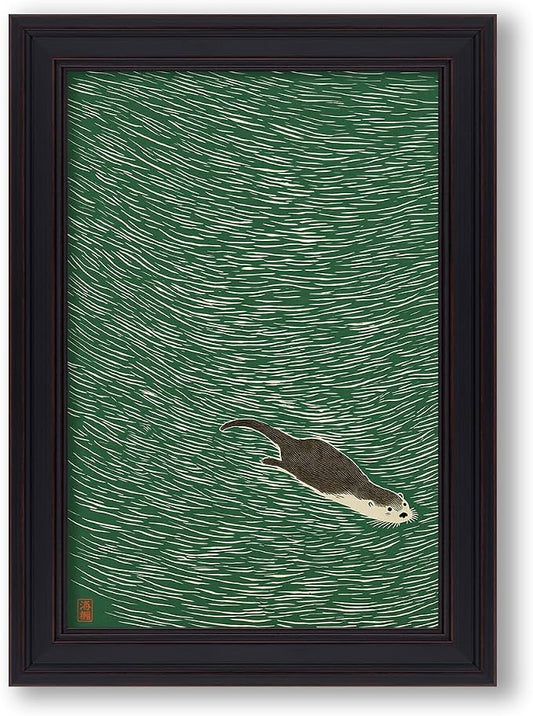Vintage Framed Japanese Otter Swimming Poster Funny Nature Wild Animal Pictures Retro Minimal Green Water Canvas Wall Art for Living Room Bedroom Bathroom 24x36 inch