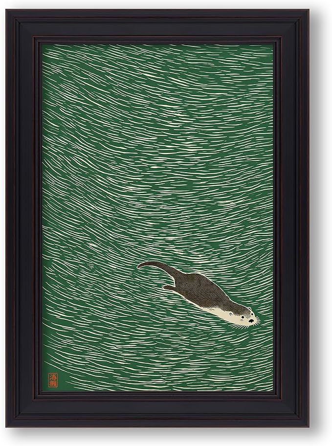 Vintage Framed Japanese Otter Swimming Poster Funny Nature Wild Animal Pictures Retro Minimal Green Water Canvas Wall Art for Living Room Bedroom Bathroom 20x30 inch