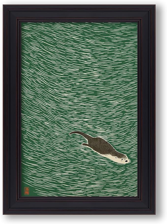 Vintage Framed Japanese Otter Swimming Poster Funny Nature Wild Animal Pictures Retro Minimal Green Water Canvas Wall Art for Living Room Bedroom Bathroom 16x24 inch