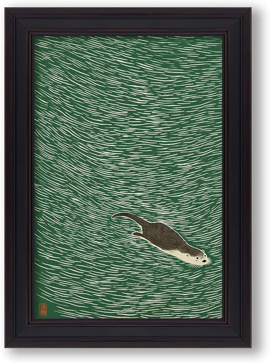Vintage Framed Japanese Otter Swimming Poster Funny Nature Wild Animal Pictures Retro Minimal Green Water Canvas Wall Art for Living Room Bedroom Bathroom 16x24 inch