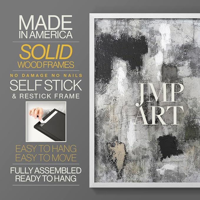 Renditions Gallery Set of 2 Peel & Stick Framed Prints, Abstract Wall Art, Hand Painted Black and White Pattern Wall Decor, Re-Stickable - Ready to Hang - 16"x20" - White Frame LT588