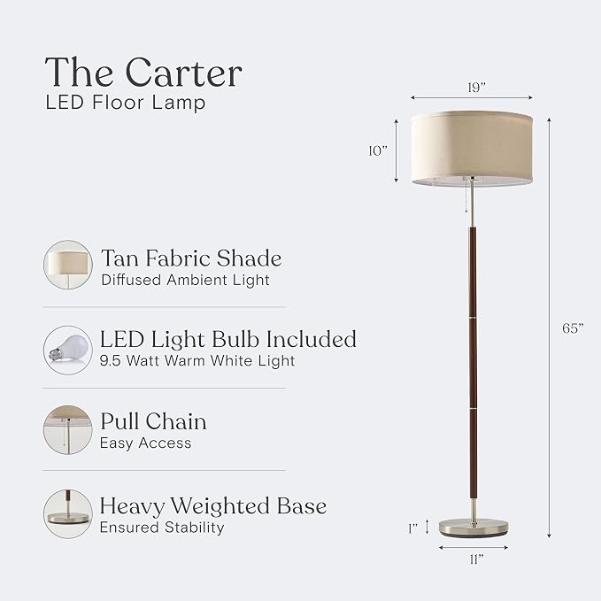 Brightech Carter LED Floor Lamp, Drum Shade with Walnut Wood Finish, Great Living Room Décor, Mid-Century Light for Living Rooms & Offices, Mid Century Modern Lamp for Bedroom