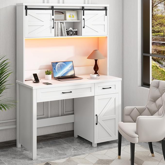 Vabches Farmhouse 47" Executive Desk, Computer Desks with 2 Drawers and Storage Cabinet, Home Office Desk with Hutch and Charging Station, Workspace for Work and Study (Cream White