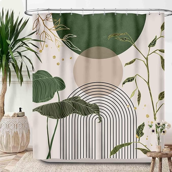 Boho Sage Green Shower Curtain，Mid Century Abstract Tropical Plant Minimalist Modern Geometric Palm Leaf Arch Waterproof Fabric Bathroom Shower Curtain Set with Hooks,72x72Inch