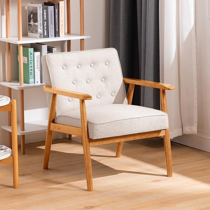 UNICOO® Mid-Century Retro Modern Accent Chairs, Solid Wood Armrest Lounge, Upholstered Mid Century Modern Chair, Walnut Finish with Innerspring Seat Cushion, Linen-Look Fabric(U205-Beige)