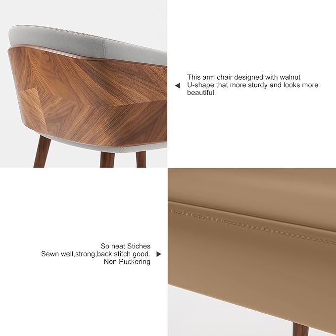 ARTPLAN Modern Upholsted Accent Dining Chairs Set of 2,Mid-Century Faux Leather with Walnut for Kitchen,Office Waiting Room Arm Sitting Chair, Beech Legs Dissassembly Adjustable Feet,Light Coffee