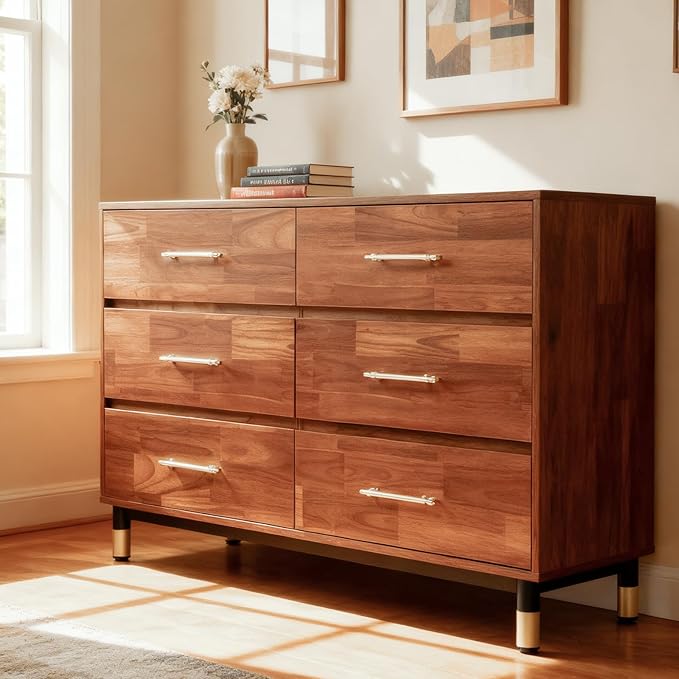Walnut 6 Drawer Dresser for Bedroom, Modern Brown Wood Chest of Drawers with Wide Storage for Clothes, Closet, or Living Room