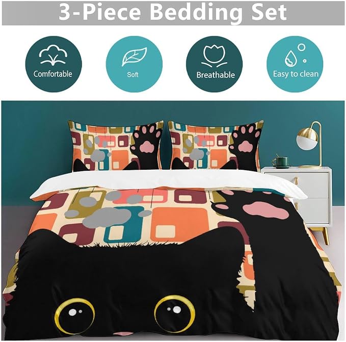 Mid Century Duvet Cover Sets Vintage Black Cat Modern Style Printed Lightweight Soft Quilt Cover Abstract Geometric Minimalist Soft Microfiber 3 Piece (1 Duvet Cover 79x90in + 2 Pillow Sham 20x30in)