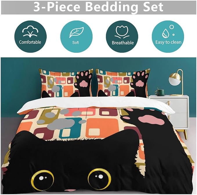 Mid Century Duvet Cover Sets Vintage Black Cat Modern Style Printed Lightweight Soft Quilt Cover Abstract Geometric Minimalist Soft Microfiber 3 Piece (1 Duvet Cover 90x102in + 2 Pillow Sham 20x30in)