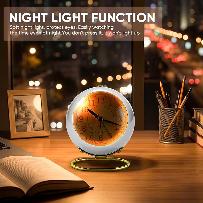 Analog Alarm Clocks,Retro Backlight Cute Simple design Small desk Clock With Night Light,Silent Non-Ticking,Battery Powered,For Kids,teens,Bedroom,travel,kitchen,Bedside Desk decor. (Bright White)