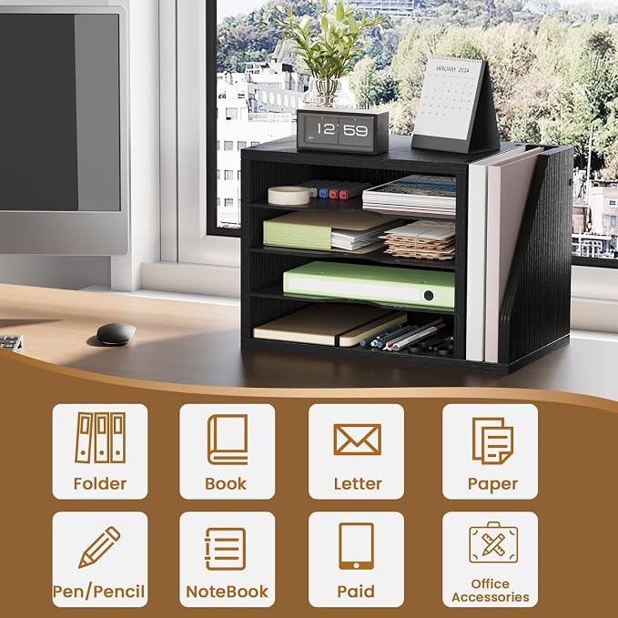 Creso hom Mail Sorter, File Organizer Desktop, Wood Desk Organizer with 3 Adjustable Shelves, Mail Holder for Office, Home, Letter Sorter File Holders for Envelopes, Mail Supplies Magazines, Black