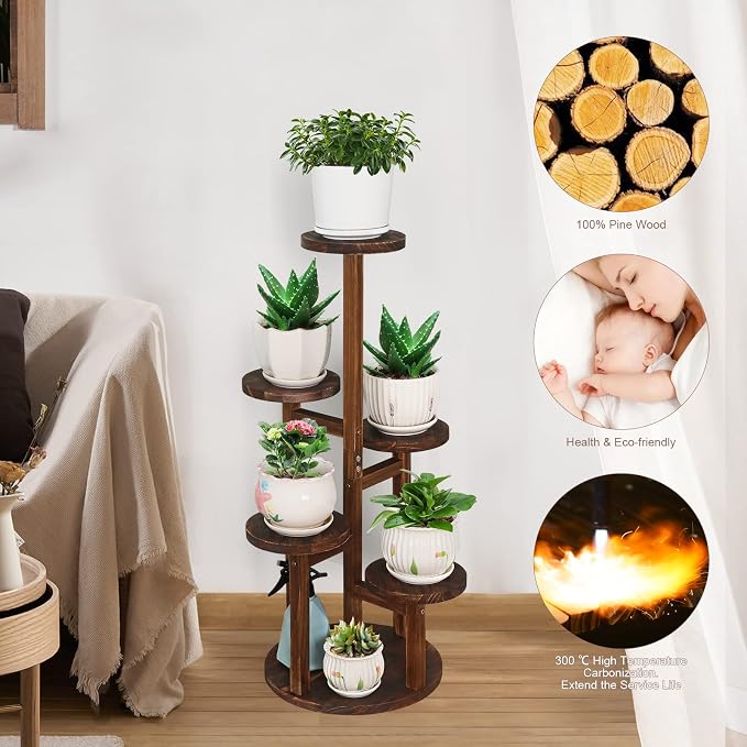 5 Tier Plant Stand Indoor, Tall Wood Corner Plant Shelf for Multiple Plants, Multi-tiered Flower Pot Holder Display Rack for Living Room, Balcony, Patio (Carbonized Brown)