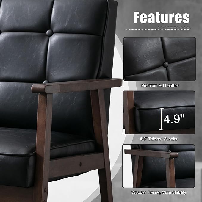 Okeysen Accent Chairs Set of 2, Mid Century Modern Accent Chair, Retro Wood and Leather Armchairs Side Chair, Lounge Reading Comfy Arm Chair for Living Room, Bedroom, Office(Matte Black)