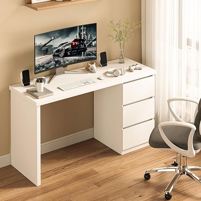 furtble White Desk with Drawers, 47'' W Home Office Desk Gaming Table, Modern Vanity Desk with Storage, Wood Computer Desk Writing Workstation for Bedroom, Living Room