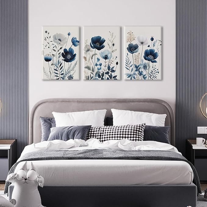 BingruiArt Navy Blue Canvas Wall Art Blue and Gray Boho Flower Wall Decor Floral Watercolor Art Prints Pictures Painting for Living Room Bedroom Bathroom 3Pcs 16x24in Framed